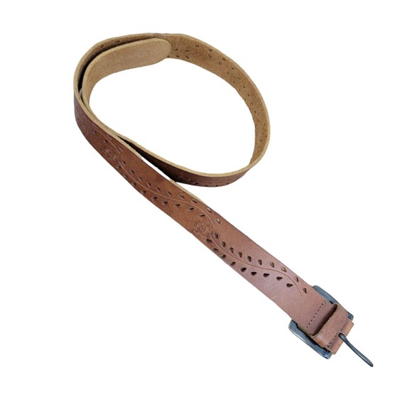 Vintage Leather Belt Hippie Boho Chic Tooled Floral Brown Iron Stamped Size 34 - Picture 1 of 5